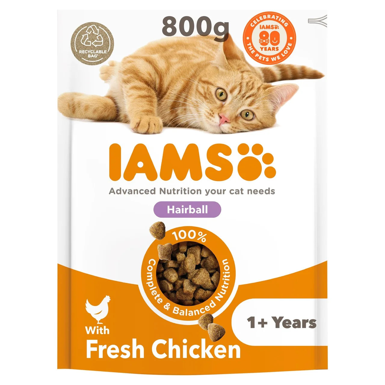 IAMS Advanced Nutrition Hairball Control Cat Food With Fresh Chicken 800g