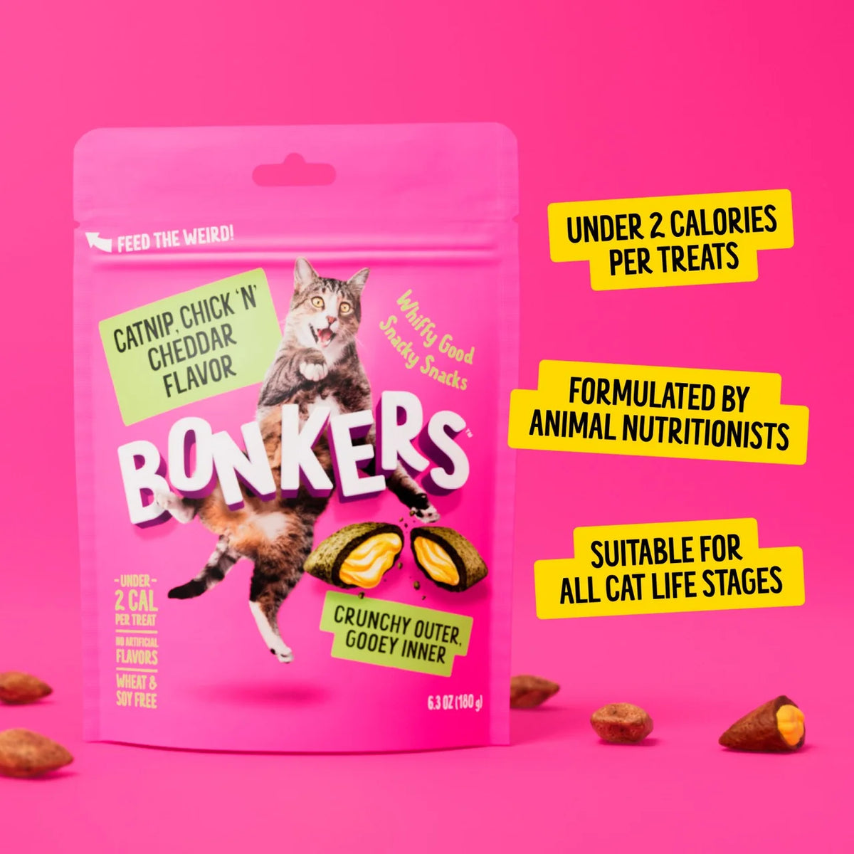 BONKERS Crunchy And Soft Cat Treats Catnip, Chick N' Cheddar Flavour 60g