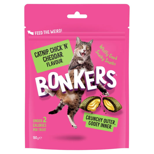 BONKERS Cat Bites Crunchy & Soft Catnip Chick N' Cheddar Flavour Cat Treats 180g