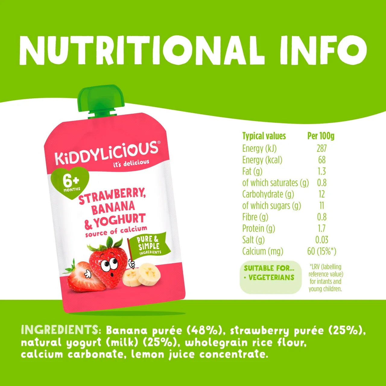 Kiddylicious Strawberry, Banana & Yoghurt Pouch Snack Baby Food multi 6m+ 4 x 100g