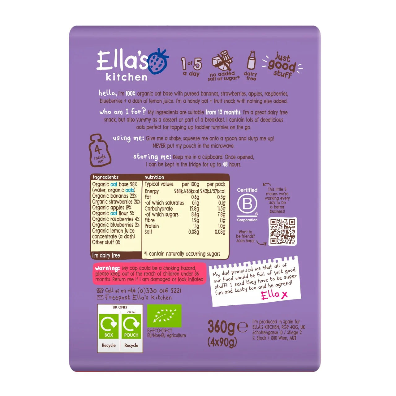 Ella's Kitchen Oaty Berry Smoothie Baby Pouch 12+ Months 4 x 90g