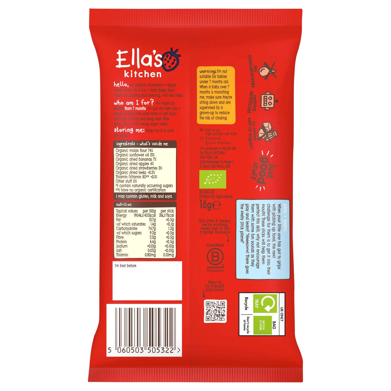 Ella's Kitchen Strawberry & Apple Melty Sticks Baby Snack 7+ Months 16g
