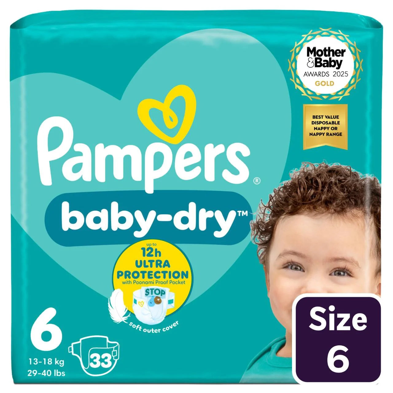 Pampers Baby-Dry Nappies, Size 6 (13-18kg) Essential 33 per Pack