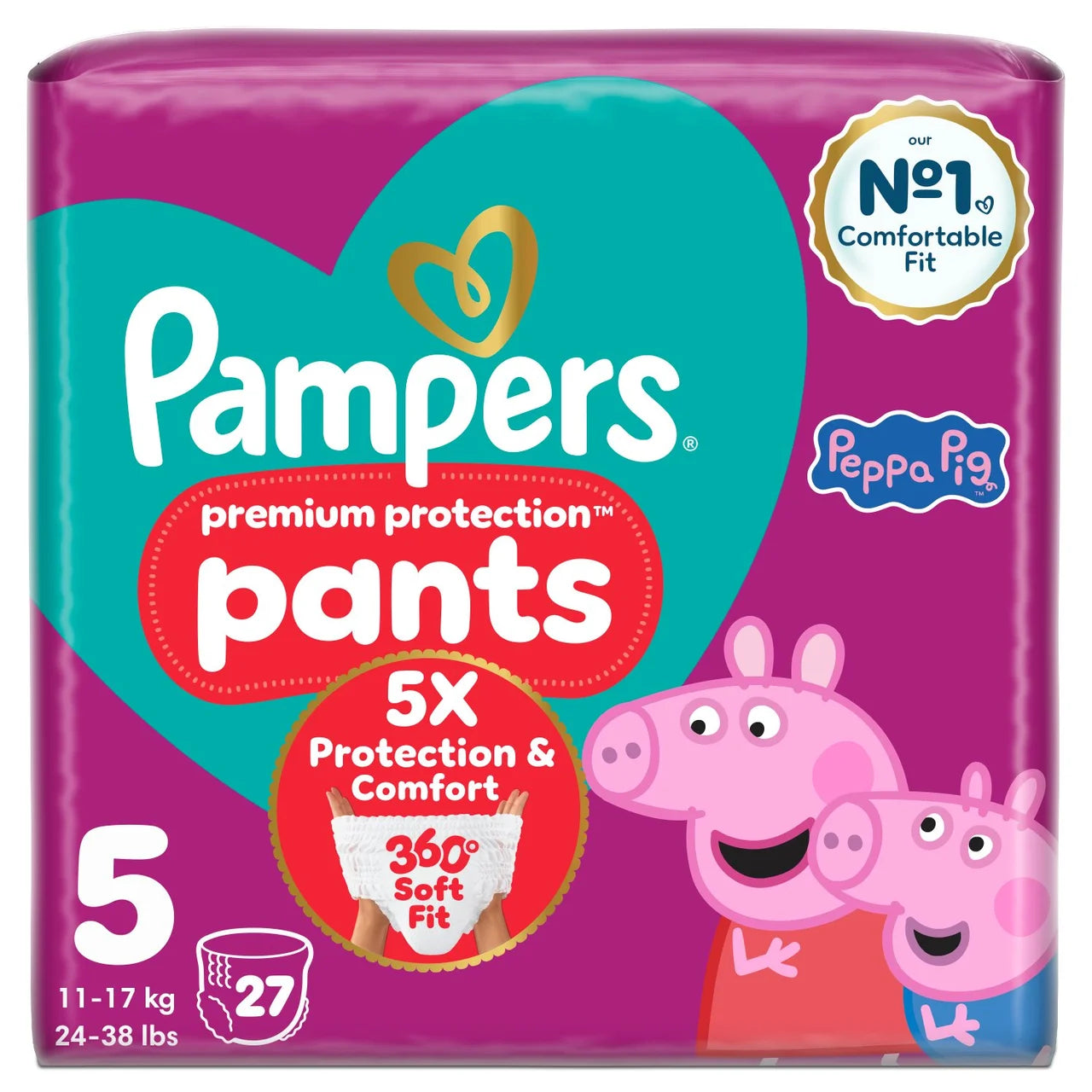 Pampers Premium Protection Nappy Pants, Size 5 (12-17kg) Essential 27 per Pack