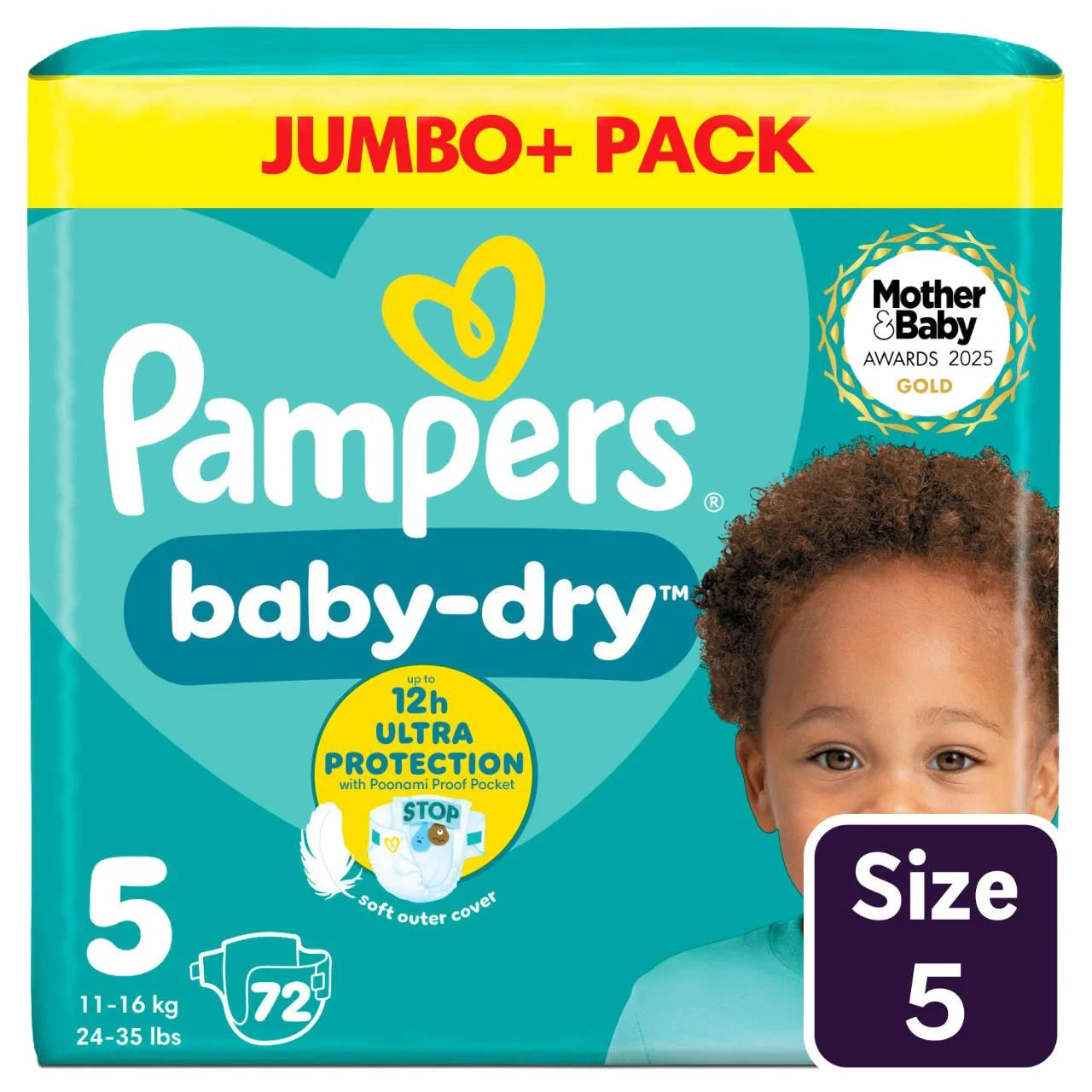 Pampers Baby-Dry Nappies, Size 5 (11-16kg) Jumbo+ 72 per Pack