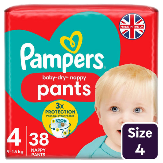 Pampers Baby-Dry Nappy Pants, Size 4 (9-15kg) Essential 38 per Pack