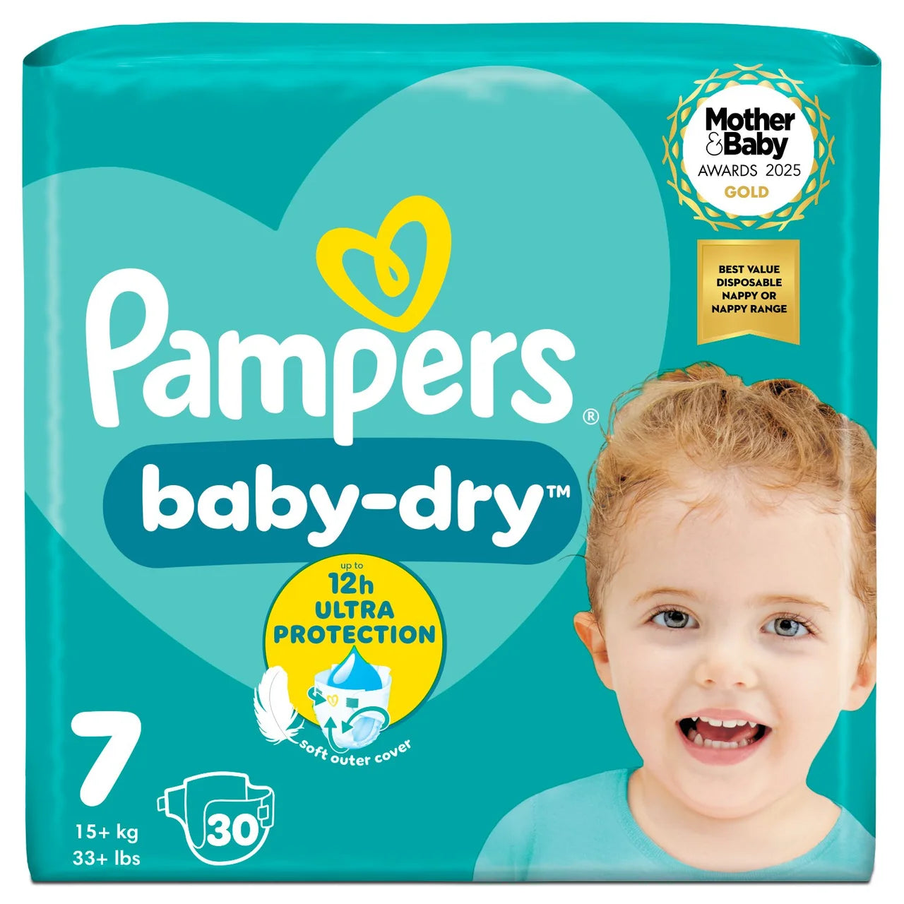 Pampers Baby-Dry Nappies, Size 7 (15kg+) Essential 30 per Pack