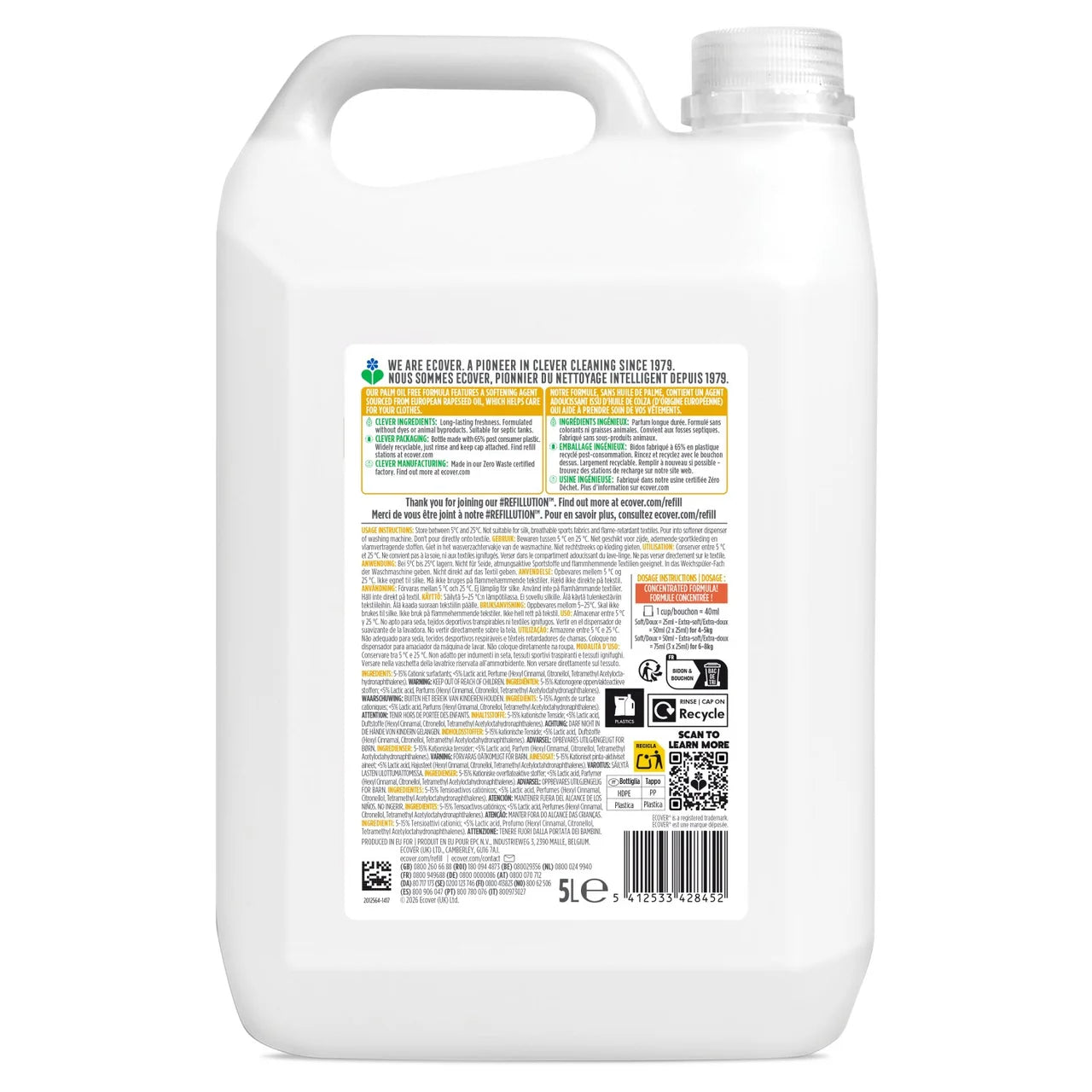 Ecover Concentrated Fabric Softener Gardenia & Vanilla 200 Washes 5L