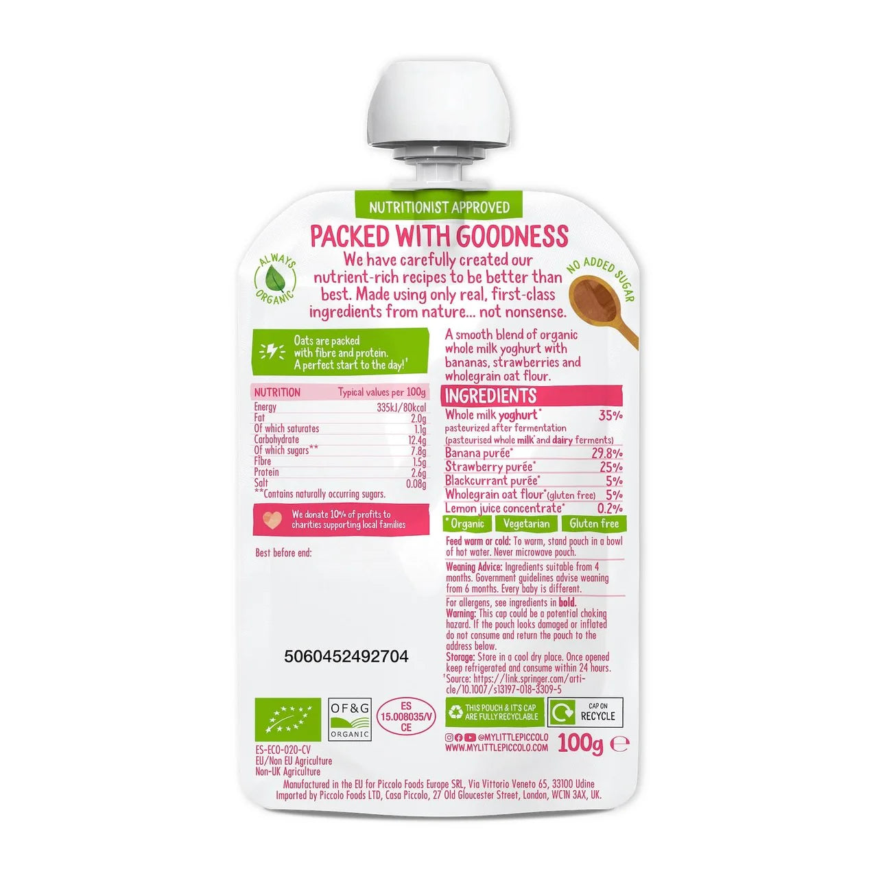 Piccolo Brekkie Strawberry & Banana Organic Baby Food Pouch 6mths+ 100g