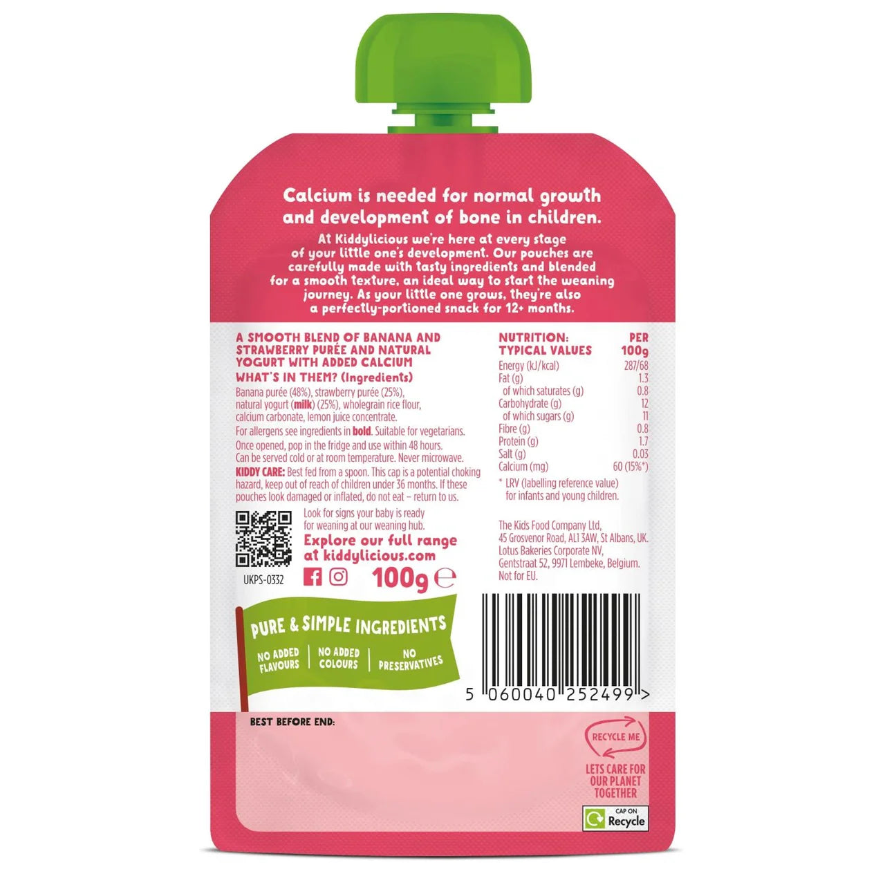 Kiddylicious Strawberry, Banana & Yoghurt Pouch Snack Baby Food multi 6m+ 4 x 100g