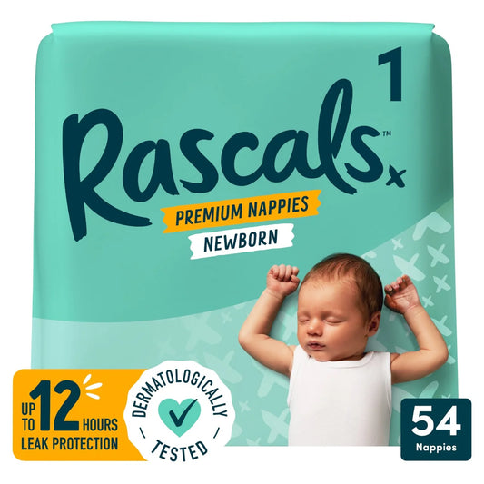 Rascals Premium Nappies, Size 1 (3-5kg) 54 per pack