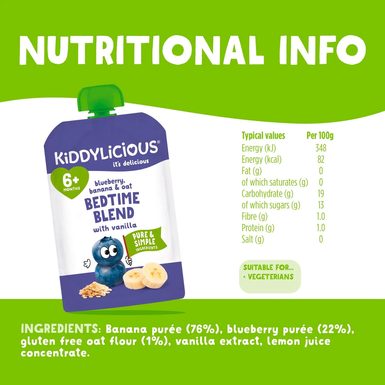 Kiddylicious Blueberry,Banana & Oat Bedtime Blend Pouch Baby Food Multi 6m+ 4 x 100g