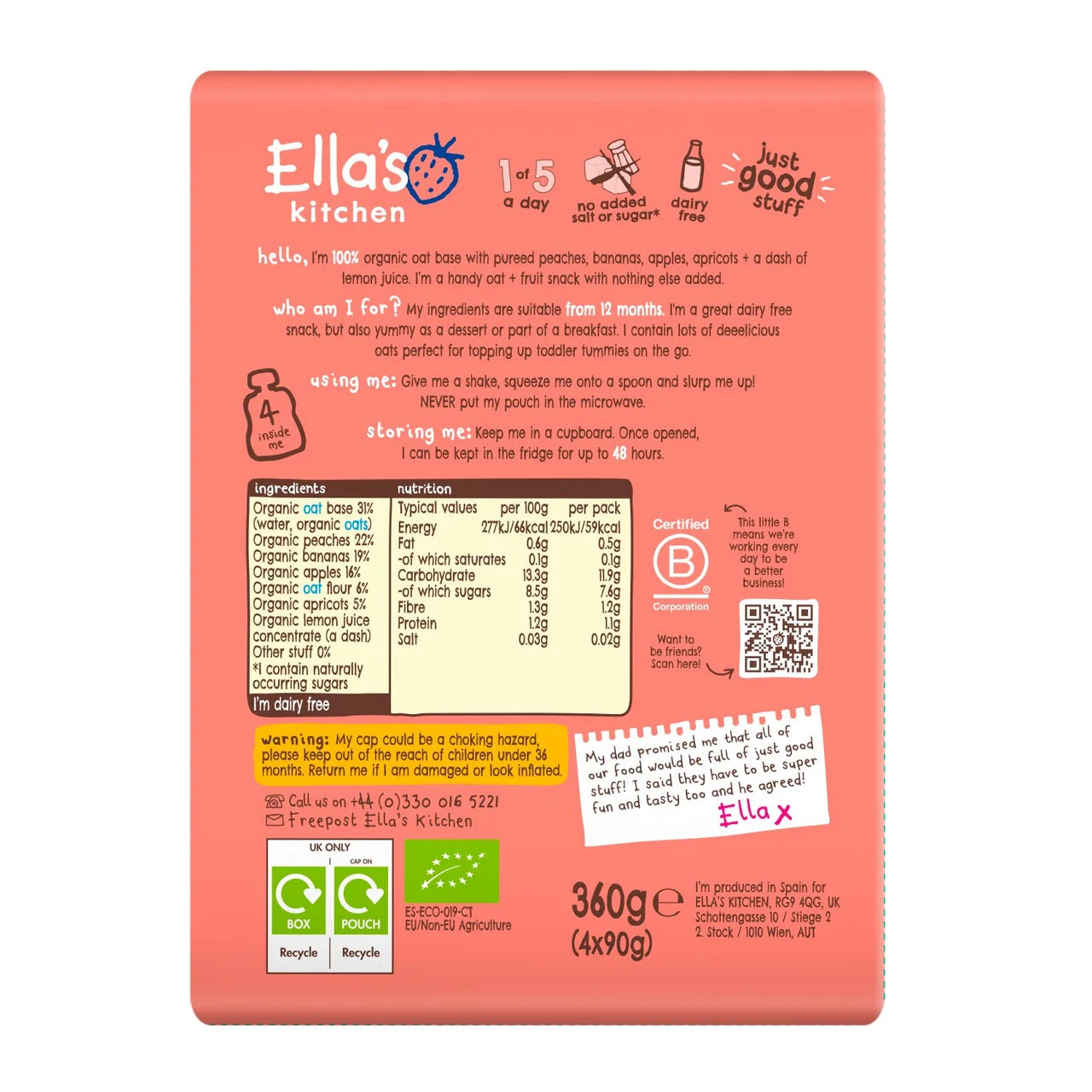 Ella's Kitchen Oaty Peach & Banana Smoothie Multipack Baby Pouch 12+ Months 4 x 90g