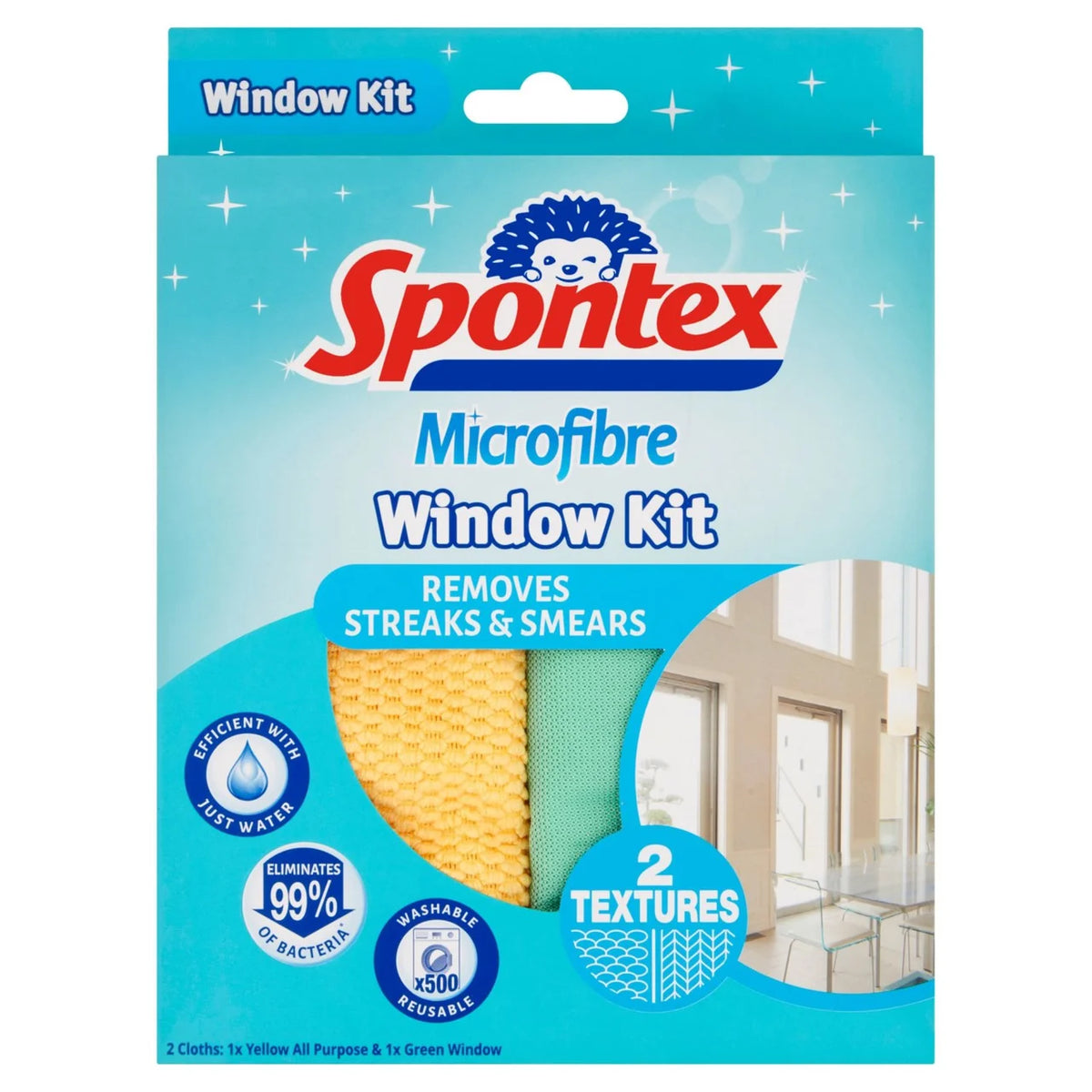 Spontex Microfibre Cloths Streak Free Window Cleaner Kit 2 per pack