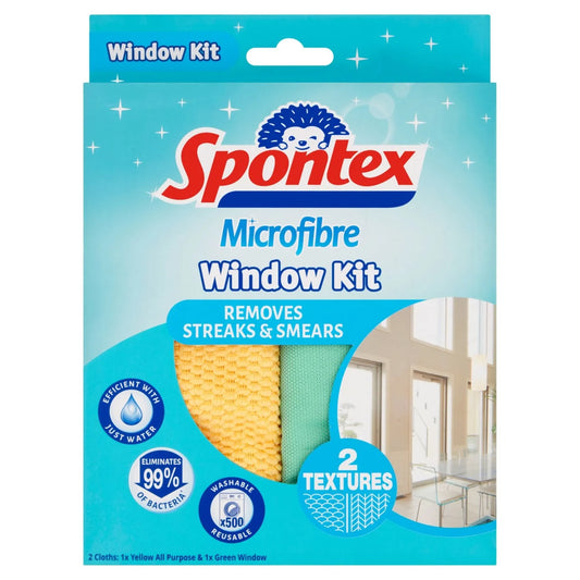 Spontex Microfibre Cloths Streak Free Window Cleaner Kit 2 per pack