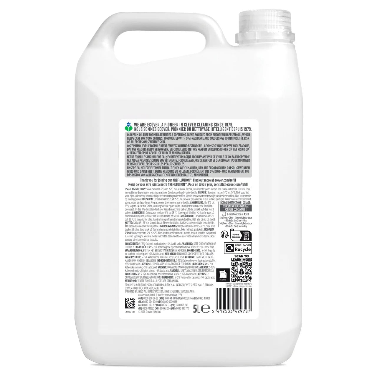 Ecover Concentrated Fabric Softener Zero Non Bio 200 Washes 5L