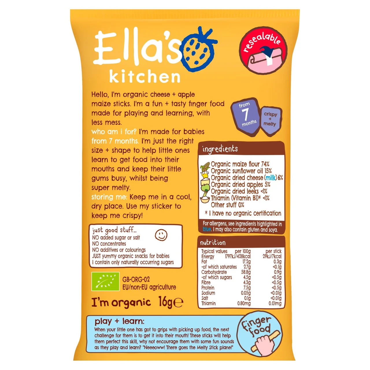 Ella's Kitchen Cheese & Apple Organic Melty Sticks Baby Snack 7+ Months 16g