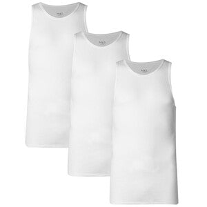 M&S Mens 3 Pack Pure Cotton Sleeveless Vests, M, White