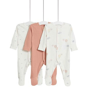 M&S Pure Cotton Balloon & Cloud Sleepsuits, 3 Pack, 0-3 Months