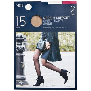 M&S 15 Denier Medium Support Sheer Tights, 2 Pack, Small, Rose Quartz